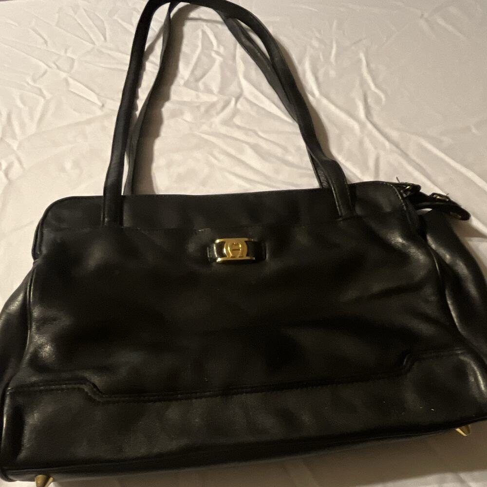 Etienne Aigner Black Zip Shoulder Bag Logo Gold Hardware Double Handles Dividers